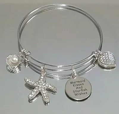 Mermaid Kisses & Starfish Wishes Beach Expandable Wire Bangle Charm Bracelet • $9.99