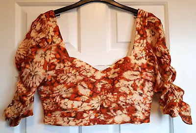 ZARA Multi Cotton Crop Top Ruched Front Elasticated Sleeves Side Zip Size M NWOT • £5.95