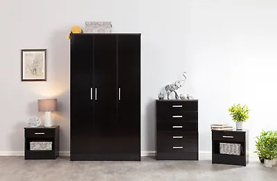 Black 4 Piece Bedroom Furniture Set Wardrobe Chest Of Drawers And 2x Bedsides • £229.99