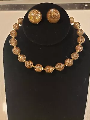 Vintage Murano Copper Brown Glass Choker Necklace And Clip Earrings • $49.99
