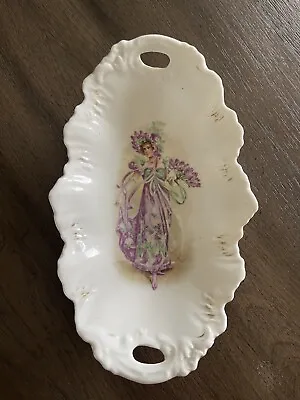 Antique Austria Habsburg China Porcelain Woman  FLOWERS DISH WITH HANDLE 8” • $28