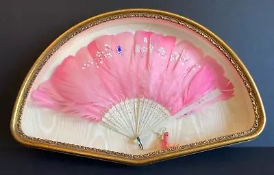 Hand Painted Pink Feather Hand Fan Bird And Floral Design Gold Shadow Box Frame • $85