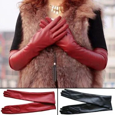 Faux Leather Elbow Gloves Winter Women's Long Gloves Warm Lined Finger Gloves • £27.88