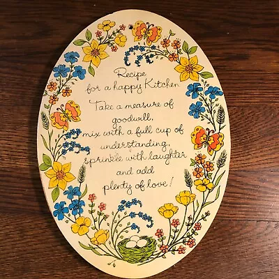 Vintage Wooden Oval Kitchen Plaque RECIPE FOR A HAPPY KITCHEN Floral/Butterflies • $7.99