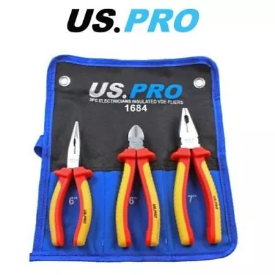 US PRO 3 Piece Electricians Insulated VDE Pliers & Cutter Set 1684 • £23.83