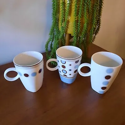 3 X Maxwell & Williams Mugs White Blue & Brown Dots / Spots Tapered Square Base • £7.50