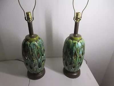 Vintage Pair Mid Century Mod Ceramic CUT OUT Table Lamp Lava Drip Glaze Green • $225