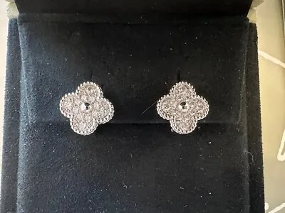 SOLD OUT!  NEW  Van Cleef & Arpels Vintage Alhambra 18K WG & Diamond Earrings • $16000