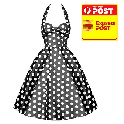 Rockabilly Polka Dot Halter Work Dress Black 40s 50s Retro 12 14 16 18 • $17.95