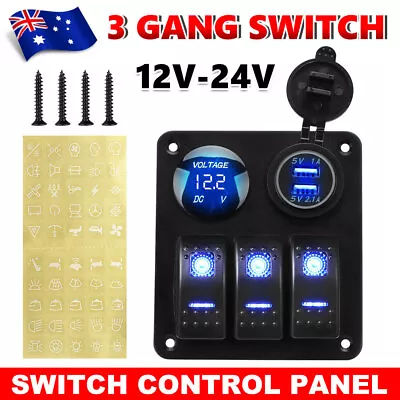 3 Gang Rocker Switch Panel Control 12V Dual USB ON-OFF Toggle Truck Marine Boat • $26.95
