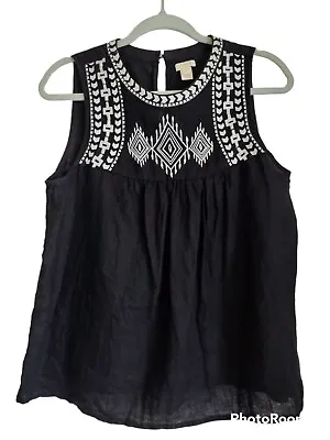 J Crew Embroidered Sleeveless Top Linen Tank Black White Women's Size 4 • $20