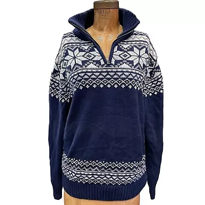 Magaschoni Mens Medium Blue Multi Snowflake Fair Isle Partial Zip Sweater Skiing • $16