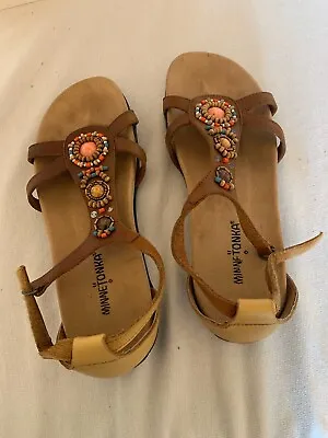 Minnetonka Womens Bejeweled Brown Strappy Sandals Size 9 • $16