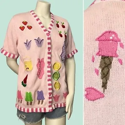 Quacker Factory Knit Cardigan Sweater Summer Ice Cream Pink Novelty Size Medium • $15