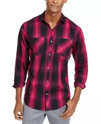 Inc Mens Large Button Up Brillant Berry Long Sleeve Dual Pocket Plaid Shirt • $7.99