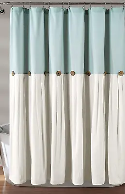 Farmhouse PLEATED TWO TONE BUTTON SHOWER CURTAIN Blue & Off White  Cotton Linen • £28.70