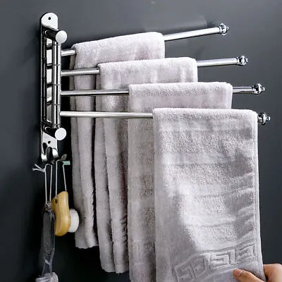 4-Arm Swivel Stainless Steel Towel Bar Wall-Mounted Shelf Bathroom Towel Rack • $20.90