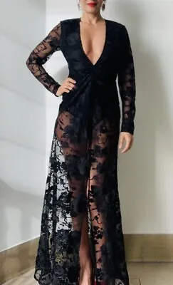 Missguided Peace + Love Black Floral Pattern See Through Lace Maxi Dress Size 8 • £90