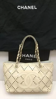Auth CHANEL Punching Tote Bag Chain Matelasse Enamel Leather White Rare Vintage • $638.88