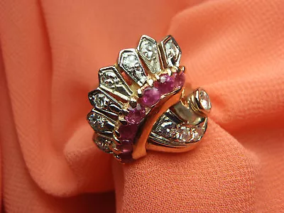 14K Yellow Gold 1.70 TCW Ruby & Diamond Indian Headdress Ring  8.2 Gram Size 4.5 • $1230.96