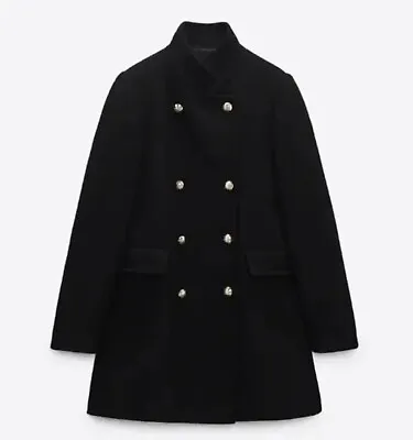 Zara New Woman Double-breasted Wool Blend Military Coat Black Size S • $75.80