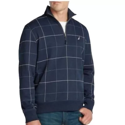 Nautica 1/4 Zip Mock Turtleneck Long Sleeve Sweater Navy & White Window Pane L • $18