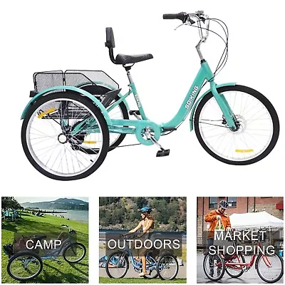 Folding Adult Tricycle 24  3Wheel Trike Cruiser Bike 7 Speed + Basket Mint Green • $339.99