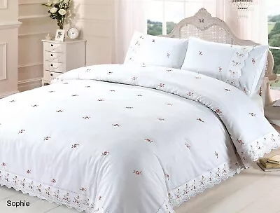 Shabby Chic Duvet Quilt Cover Embroidered Lace Trim Bedding Set Double White New • £25.95