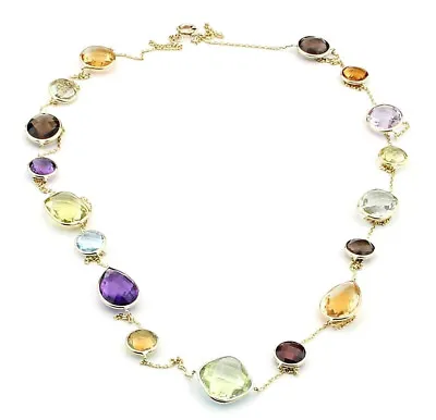 14K Yellow Gold Colorful Multi-Shaped Gemstone Station Necklace 36 Inches • $465