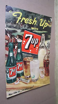 Vintage 1950 7 UP Sign Store Display Sign Cardboard Stand Up Fresh With 7UP • $44.95