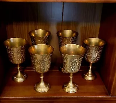 Vintage Etched Chalice Brass Goblet Two Large. Four Small. • $59