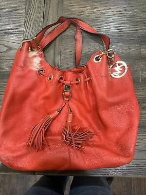 Michael Kors Orange Leather Camden Drawstring Shoulder Bag Purse Tote • $36.55
