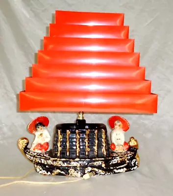 1950s Silvestri Asian Man & Woman On A Boat Table Lamp Red Venetian Blind Shade • $420