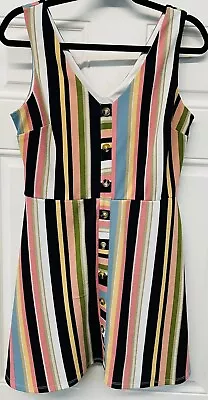 Women Bcx Dress Vintage Vtg Vertical Stripes Hippie Button Size L No Sleeves • $9