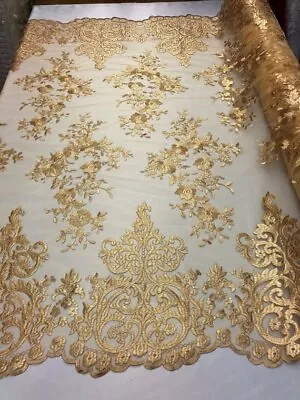 Gold Stretch Mesh Lace Fabric Embroidery Sold By The Yard Prom Dress • $24.99