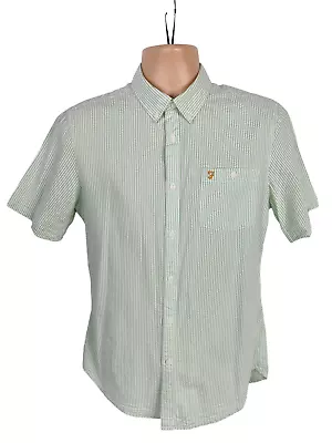 Mens Farah Size Medium M Green Crinkle Stripe Short Sleeve Slim Fit Summer Shirt • £9.99