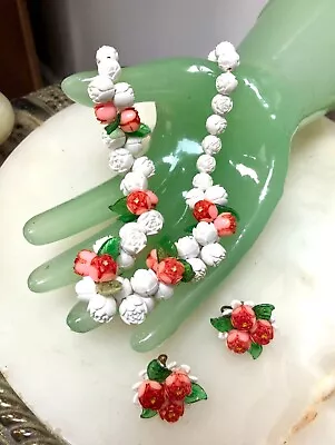 VTG 1940s CARVED Over-DYED CORAL PLASTIC Necklace-Earrings ROSES & LEAVES • $26.75