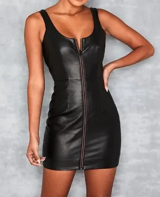 MISTRESS ROCKS Black Faux Leather DOTING Zip Front Sexy Dress Size 8 10 NEW TAGS • £24.99