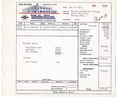 1954 Chevrolet Four Door Special Dealer Invoice New Car Yellow Cab Taxicab • $9.95