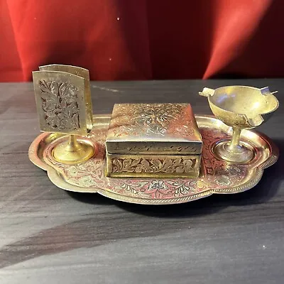 Antique Brass Smoking Set W/ Matchbook Holder Ashtray Cigarette Box And Tray • $136