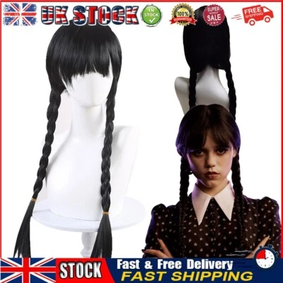 £9.09 • Buy Wednesday Addams Family Cosplay Wig Long Black Braids Hair Wigs With Bangs Girl