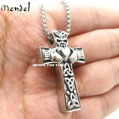 MENDEL Stainless Steel Irish Celtic Trinity Knot Claddagh Cross Pendant Necklace • $11.99