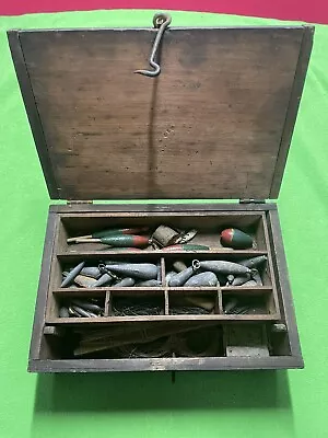 Vintage Handmade Wooden Fishing Tackle Box Filled With Antique Fishing Supplies • $99