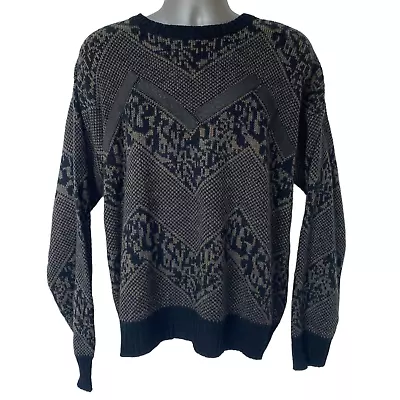 Vintage Barnaby Sweater Geometric Black Gray Leather Trim Dad Grandpa Men's XL • $23.99