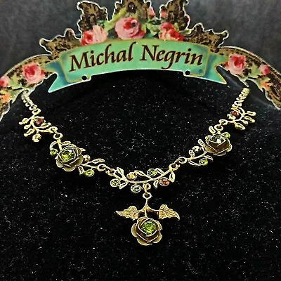 Michal Negrin Necklace Roses Statement Olive Green With Swarovski Crystals Gift • $78.40