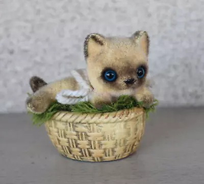 Vintage Josef Originals Fuzzy Wazzy SIAMESE CAT Flocked Kitten In Basket • $16