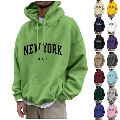Mens Pullover Hoodie Hooded Sweatshirt Tops NEW YORK Printed Plain Hoody Jumper • £7.19