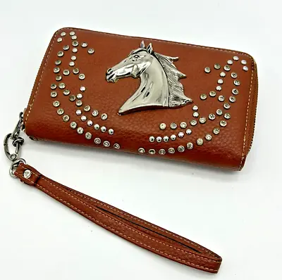 Montana West Horse Zip Around Wallet Western Rodeo Brown With Wrist Strap • $18.99