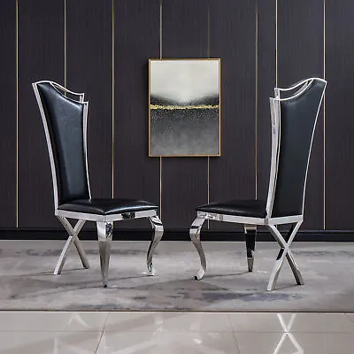 Set Of 2 Faux Leather Dining Chairs High Back With Stainless Steel Legs Black US • $397.99