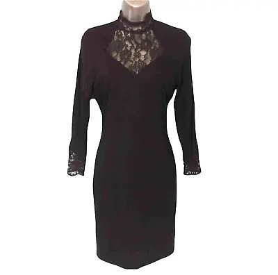 ZANDRA RHODES Fifth Avenue Dress Sze 10 Black Jersey High Neck Lace Vintage Goth • $87.14